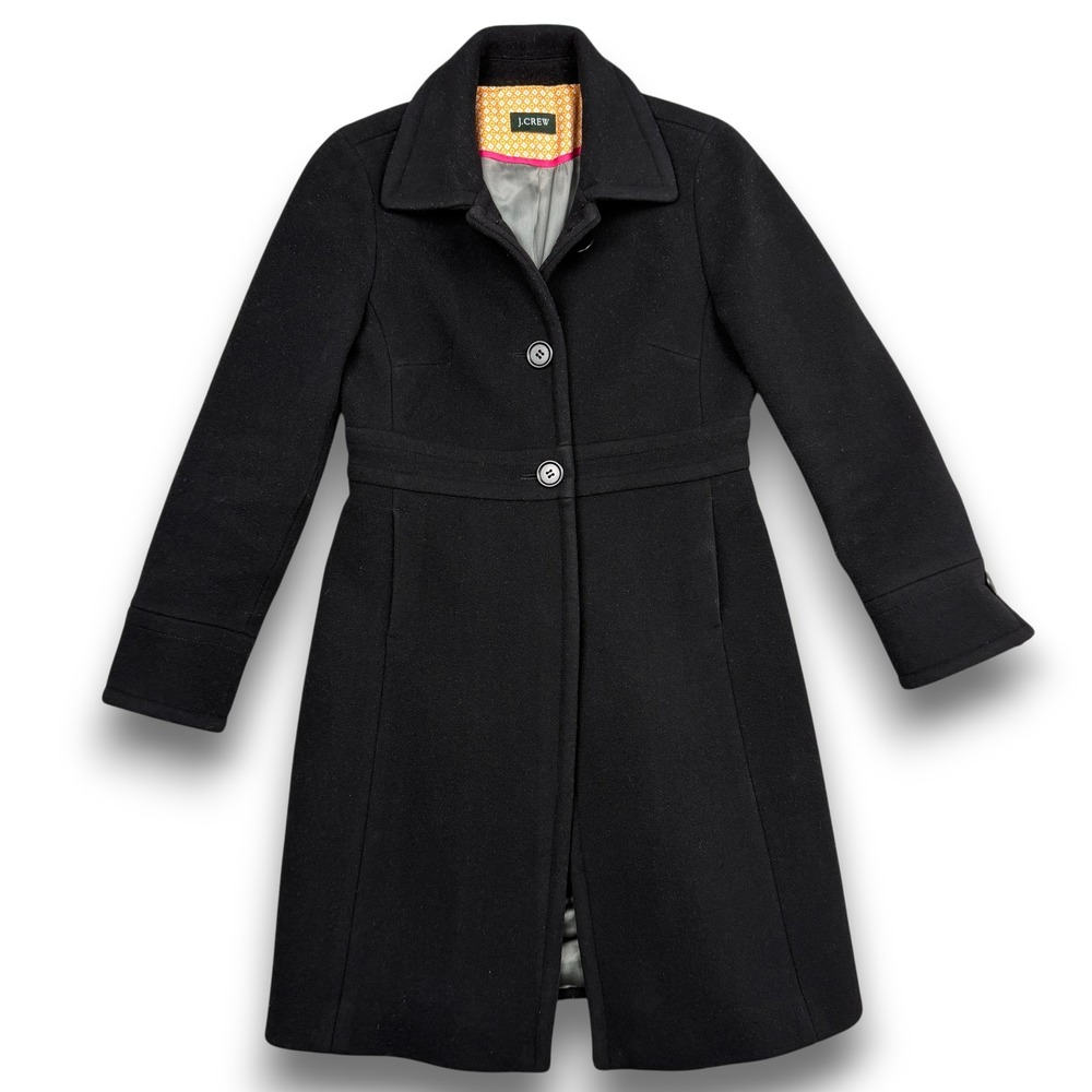 J.Crew Wool‎ Coat Womens S Black Button Front Mid-Length Waist Tab Peacoat